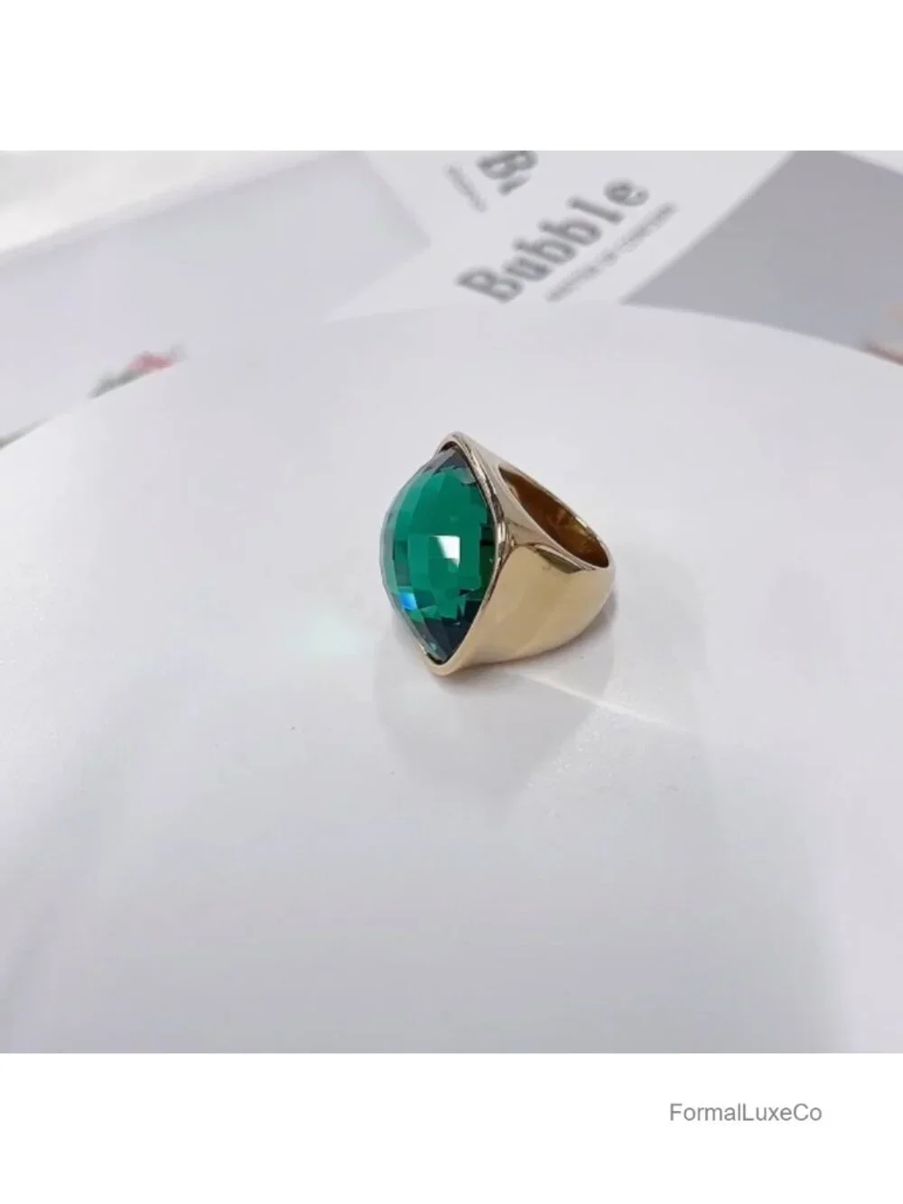 Chunky Square Crystal Cocktail Ring Stainless Steel Gold-Tone Plated Statement